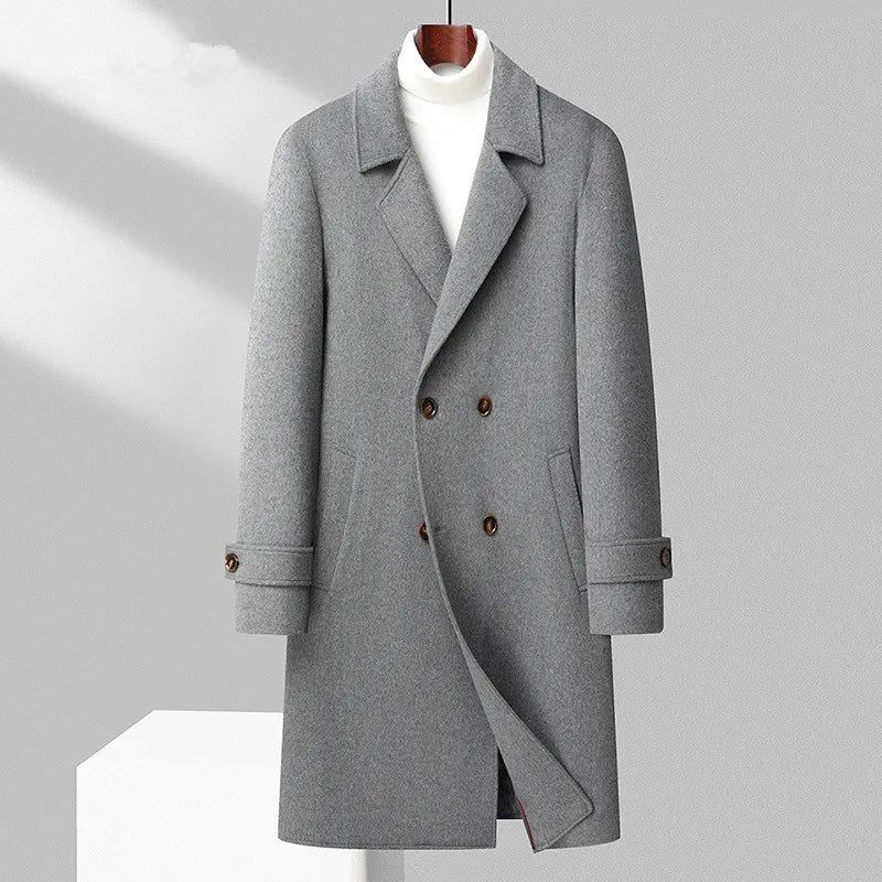 Tjock Trenchcoat I Ylle För Män Dubbelknäppt Lång Kappa Höst Och Vinter - Svart