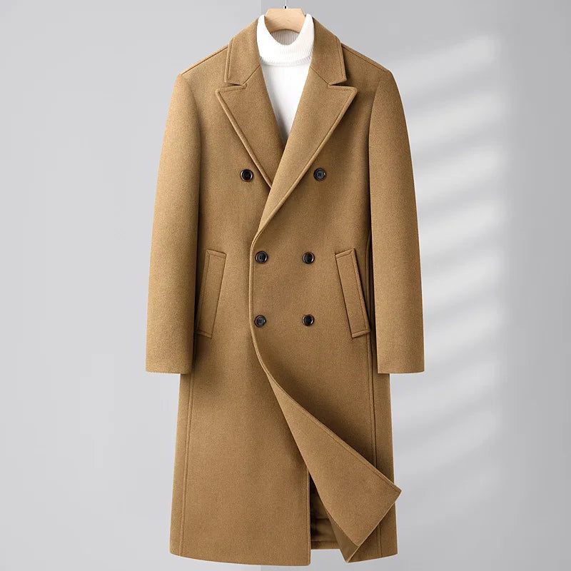 Trenchcoat I Ullblandning För Herr Höst Vinter Dubbelknäppt Lång Ärtkappa Casual Naggslag Klassisk Överrock Man - Grå