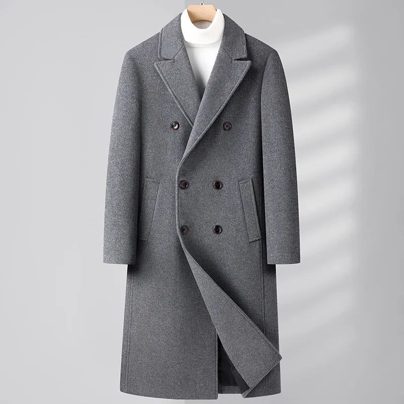 Trenchcoat I Ullblandning För Herr Höst Vinter Dubbelknäppt Lång Ärtkappa Casual Naggslag Klassisk Överrock Man - Grå