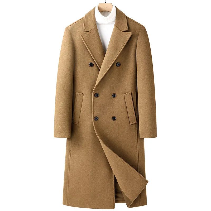 Trenchcoat I Ullblandning För Herr Höst Vinter Dubbelknäppt Lång Ärtkappa Casual Naggslag Klassisk Överrock Man - Grå