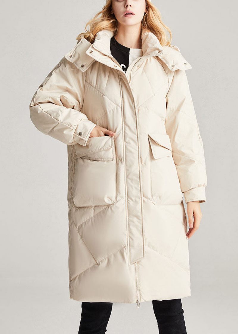 Trendiga Beige Fickor Med Dragkedjor Casual Winter Duck Down Jacket - Dunjackor för kvinnor