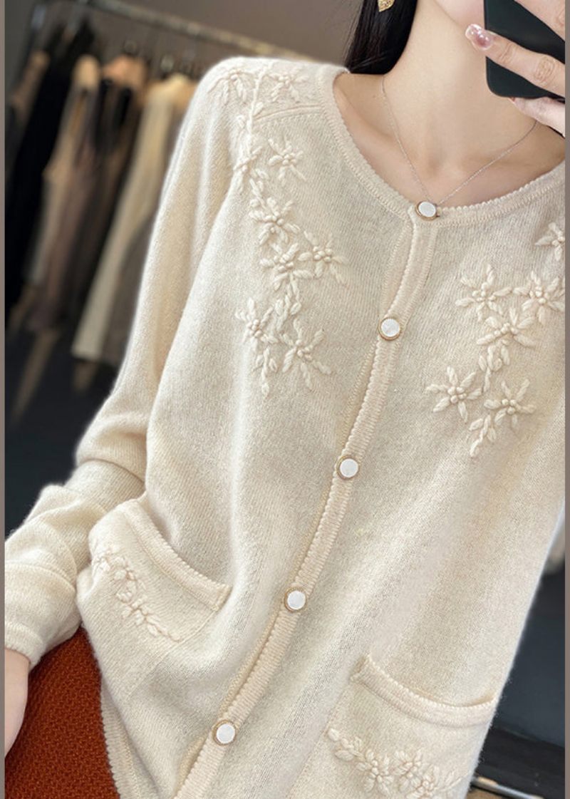 Unik Beige Blommig Knapp Cashmere Stickad Cardigan Långärmad - Beige