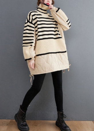 Unik Beige Turtle Neck Randig Patchwork Knit Coat Vinter