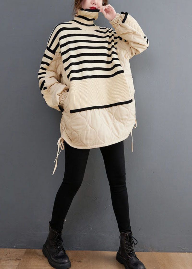 Unik Beige Turtle Neck Randig Patchwork Knit Coat Vinter - Beige