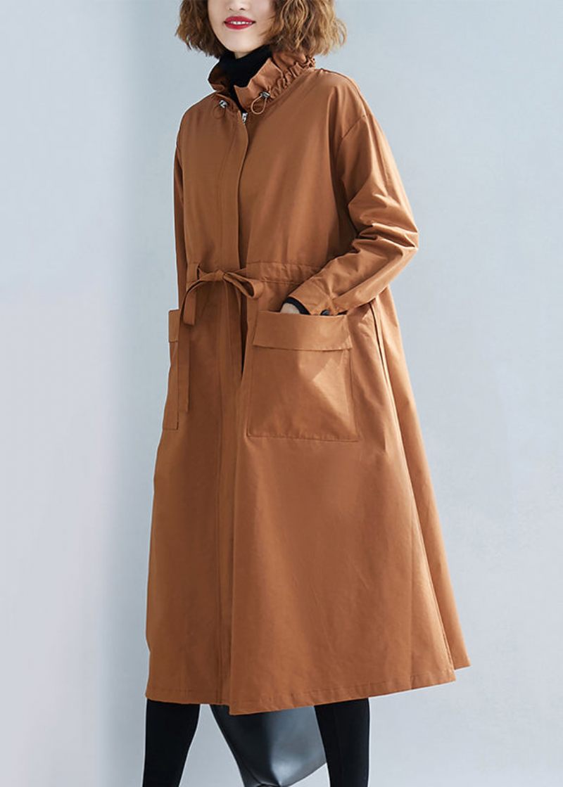 Unik Caramel Stand Collar Lace Up Patchwork Cotton Trench Coats Höst - Trenchcoats för kvinnor