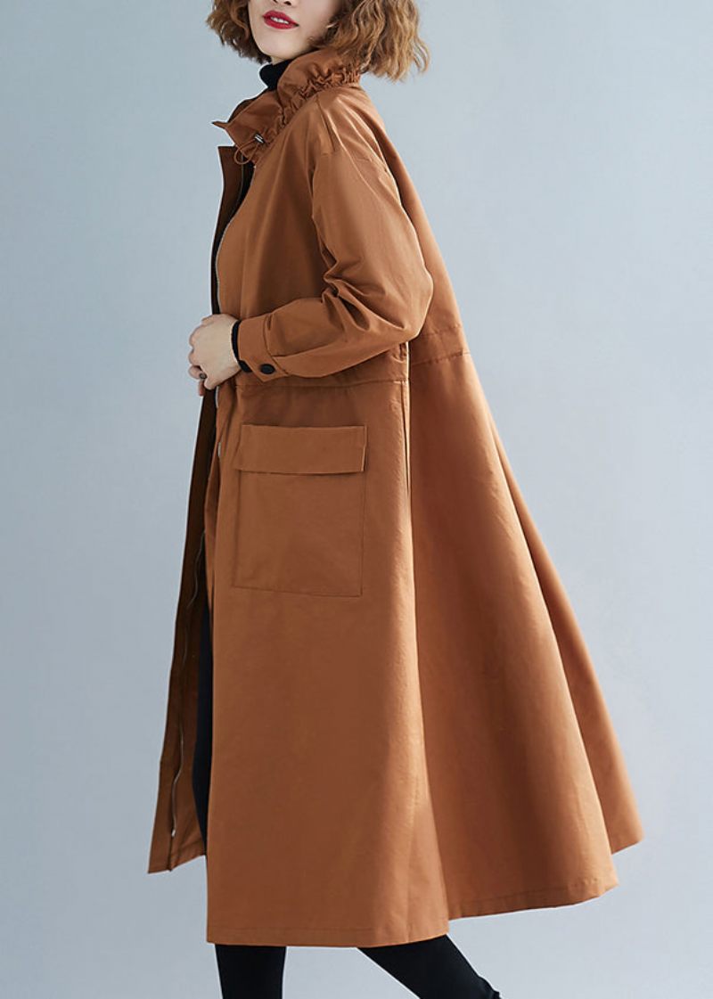 Unik Caramel Stand Collar Lace Up Patchwork Cotton Trench Coats Höst - Trenchcoats för kvinnor