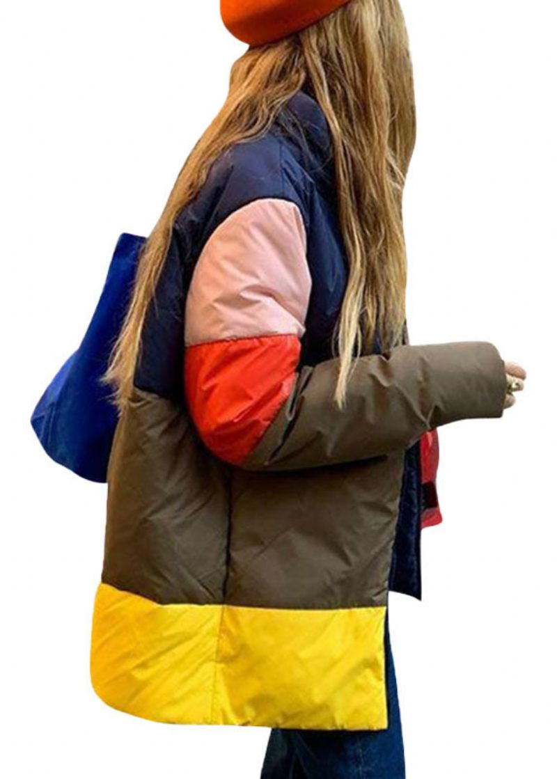 Unik Gul Stativ Krage Zip Up Patchwork Duck Down Puffer Jacka Vinter - Dunjackor för kvinnor