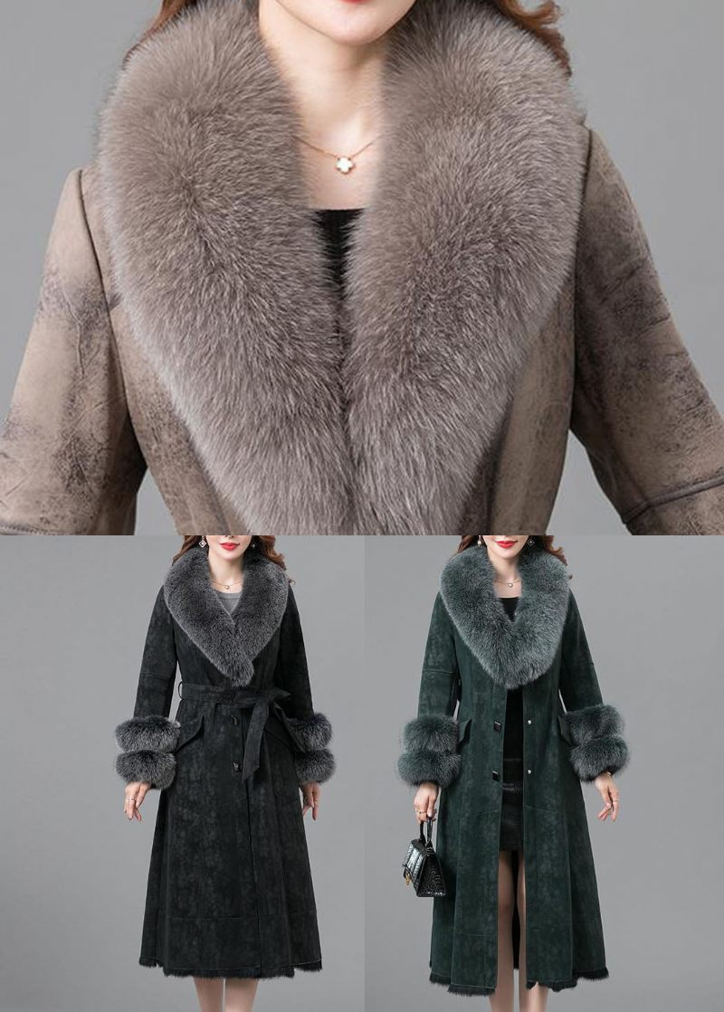 Unik Khaki Fur Krage Button Parkas Dam Witner Coats - Kaki