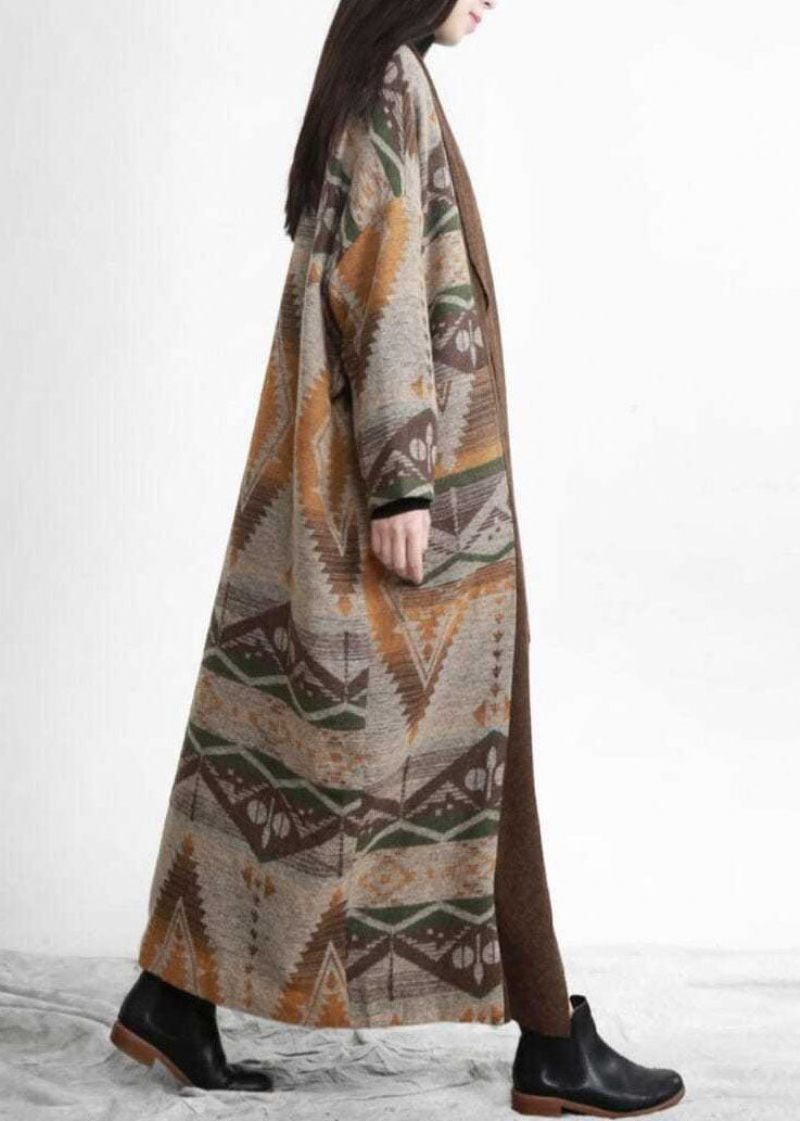 Unik Khaki Oversized Patchwork Print Ull Lös Cardigan Fall - Koftor för kvinnor