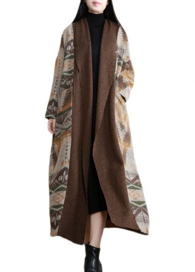 Unik Khaki Oversized Patchwork Print Ull Lös Cardigan Fall - Koftor för kvinnor