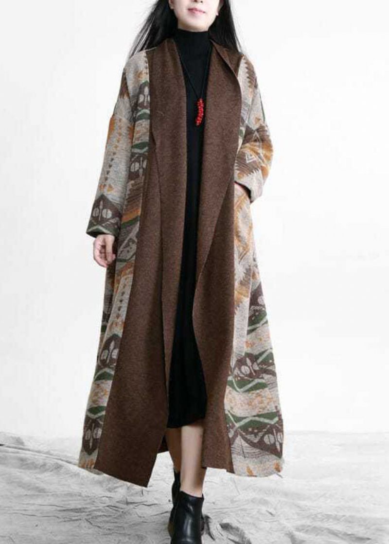 Unik Khaki Oversized Patchwork Print Ull Lös Cardigan Fall