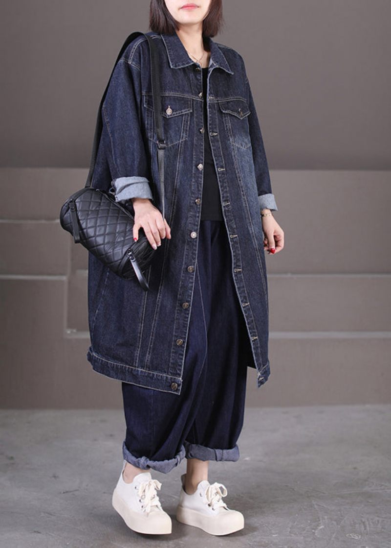 Unik Mörkblå Peter Pan Krage Fickor Patchwork Knapp Denim Lång Trenchcoat Höst - Trenchcoats för kvinnor