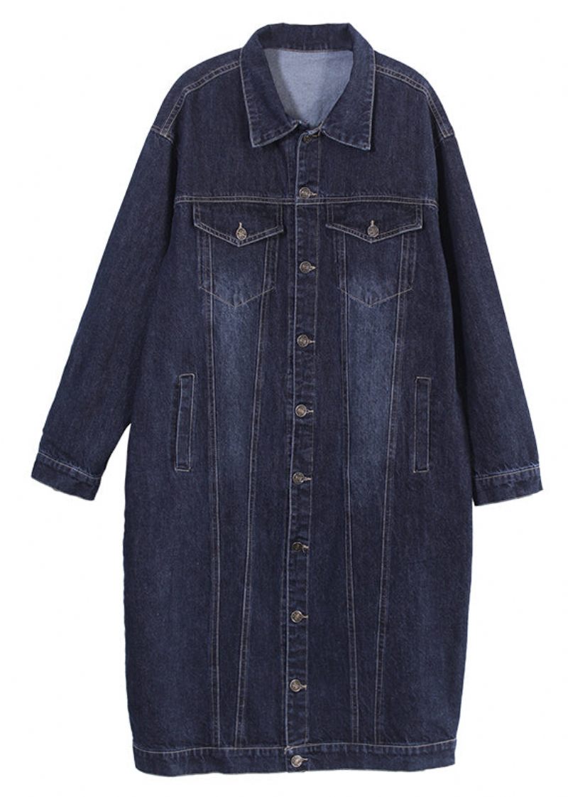 Unik Mörkblå Peter Pan Krage Fickor Patchwork Knapp Denim Lång Trenchcoat Höst - Trenchcoats för kvinnor