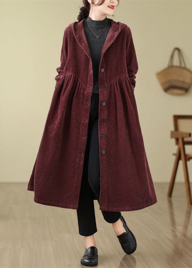 Unik Mulberry Patchwork Skrynklig Button Manchester Hooded Trench Coats Fall - Mulberry