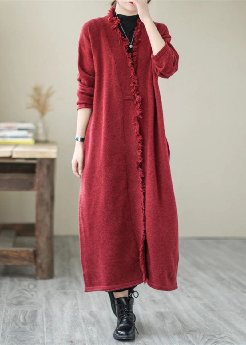 Unik Mulberry Tasseled Pockets Knit Spring Coat