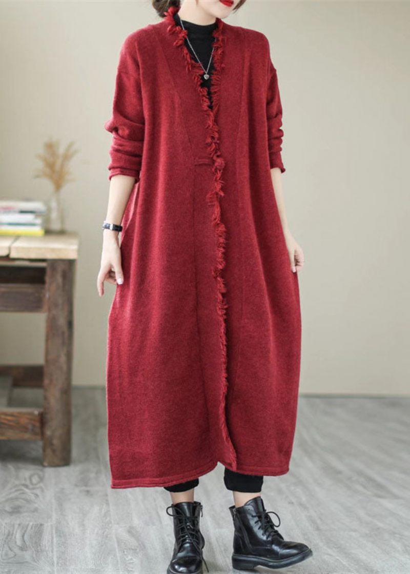 Unik Mulberry Tasseled Pockets Knit Spring Coat - Mulberry