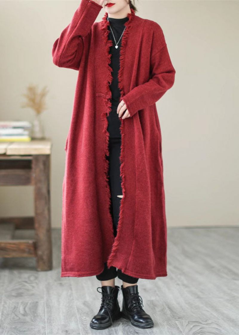 Unik Mulberry Tasseled Pockets Knit Spring Coat - Mulberry