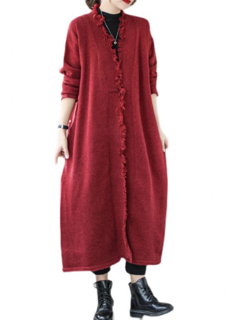 Unik Mulberry Tasseled Pockets Knit Spring Coat - Mulberry