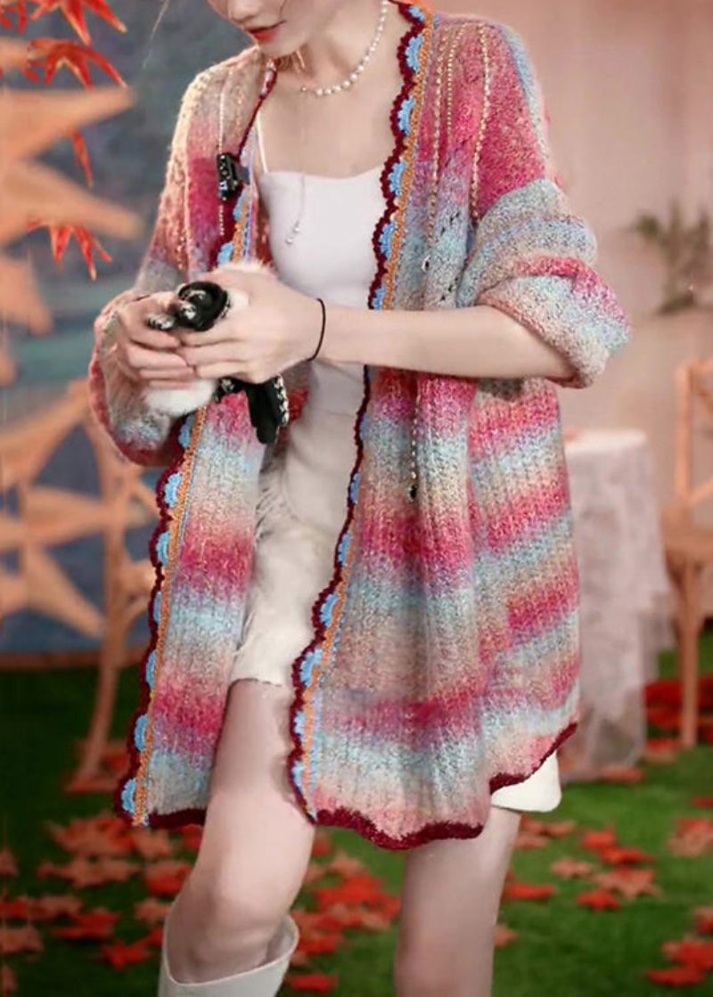 Unik Rainbow Color Zircon Hollow Out Patchwork Knit Cardigan Fall