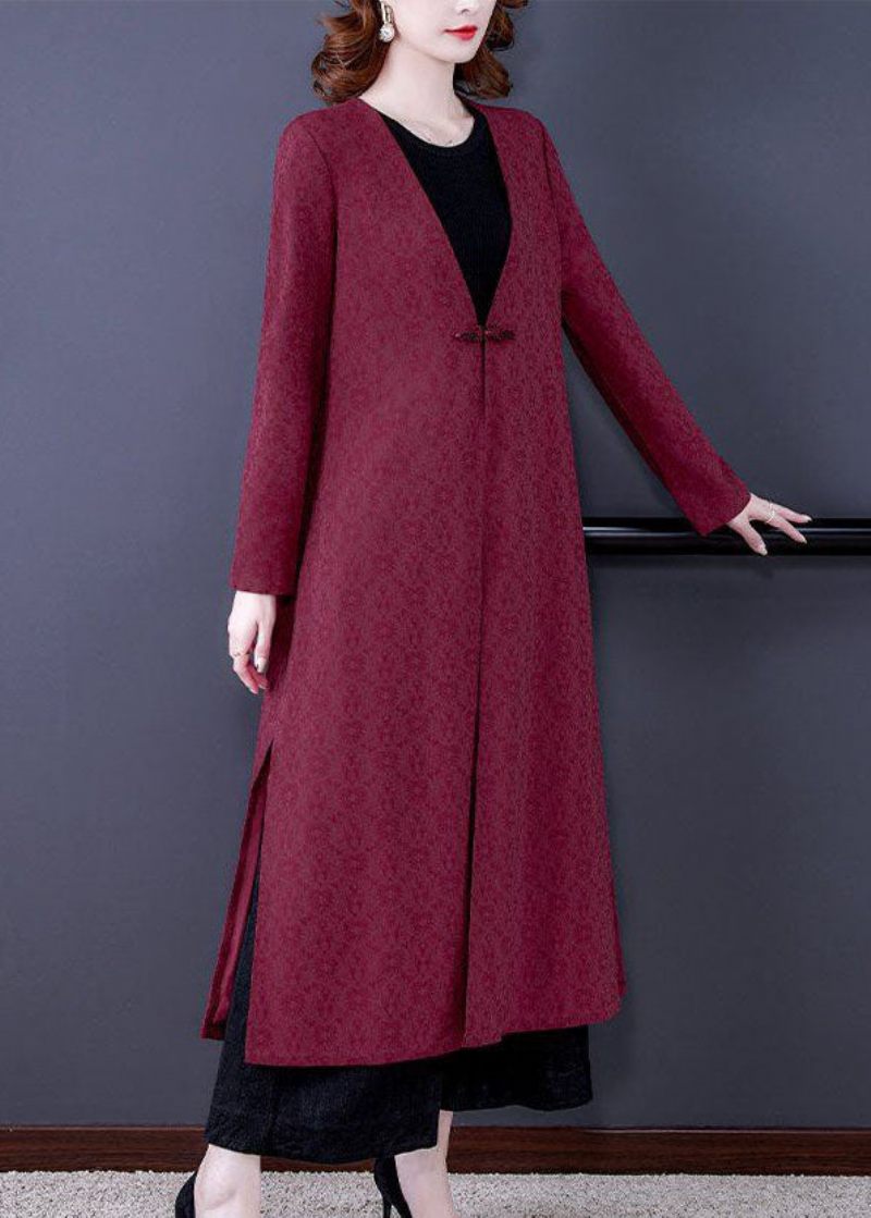 Unik Röd V-hals Jacquard Side Open Silk Coats Långärmad - Röd