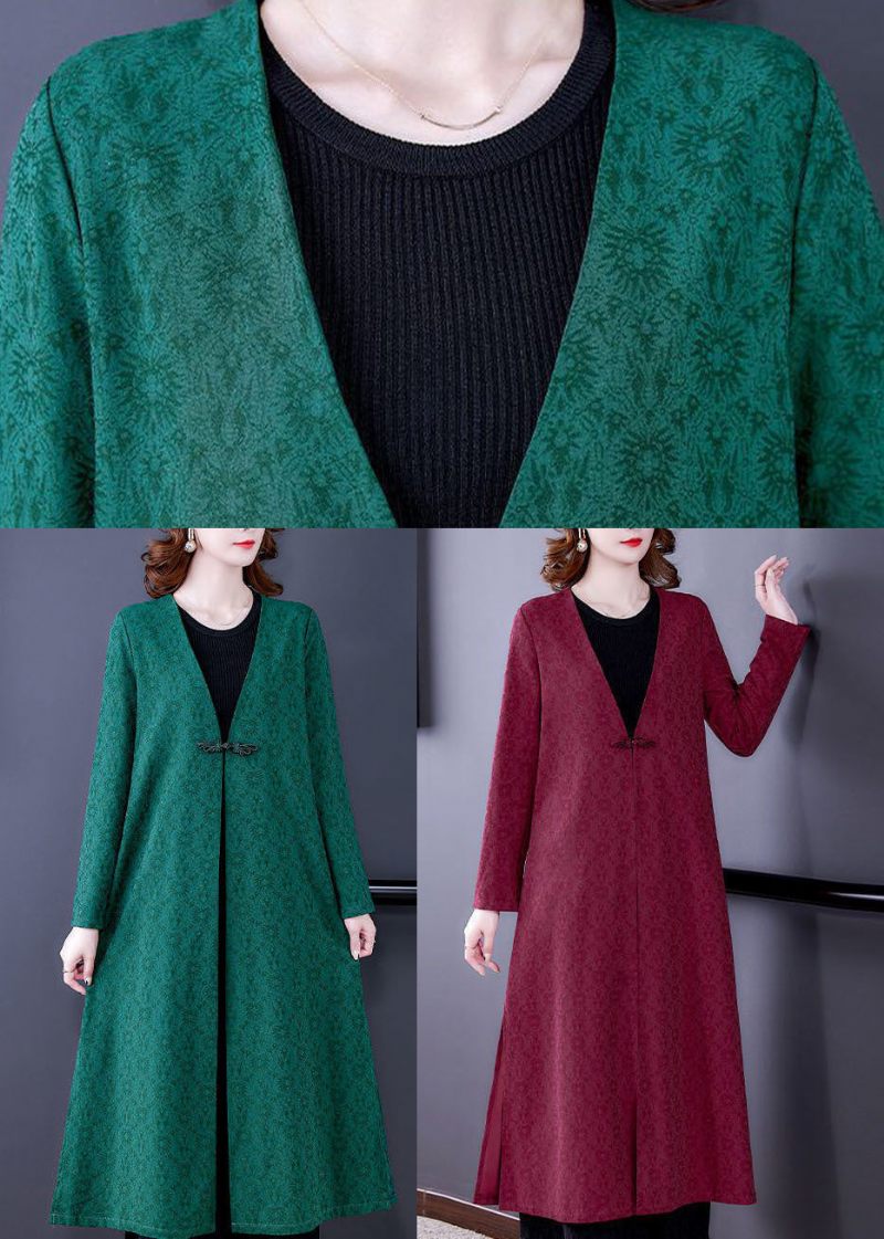 Unik Röd V-hals Jacquard Side Open Silk Coats Långärmad - Röd