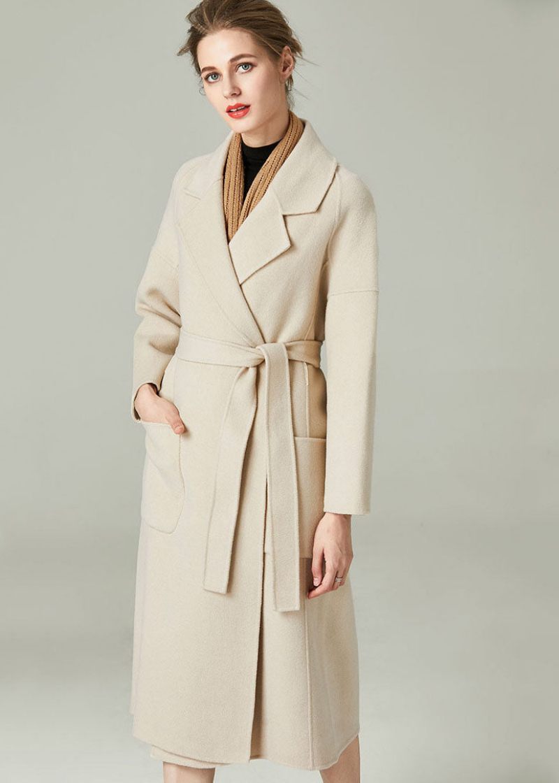 Unika Beige Peter Pan Krage Fickor Cashmere Cinch Coats Vinter - Beige