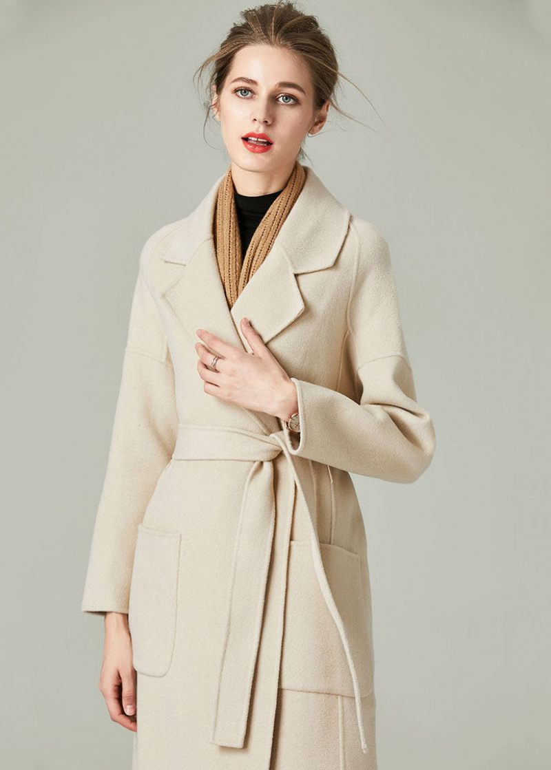 Unika Beige Peter Pan Krage Fickor Cashmere Cinch Coats Vinter - Beige