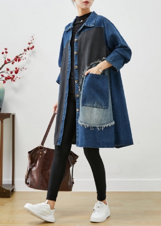 Unika Blå Asymmetrisk Lapptäcke Denim Trenchcoats Höst