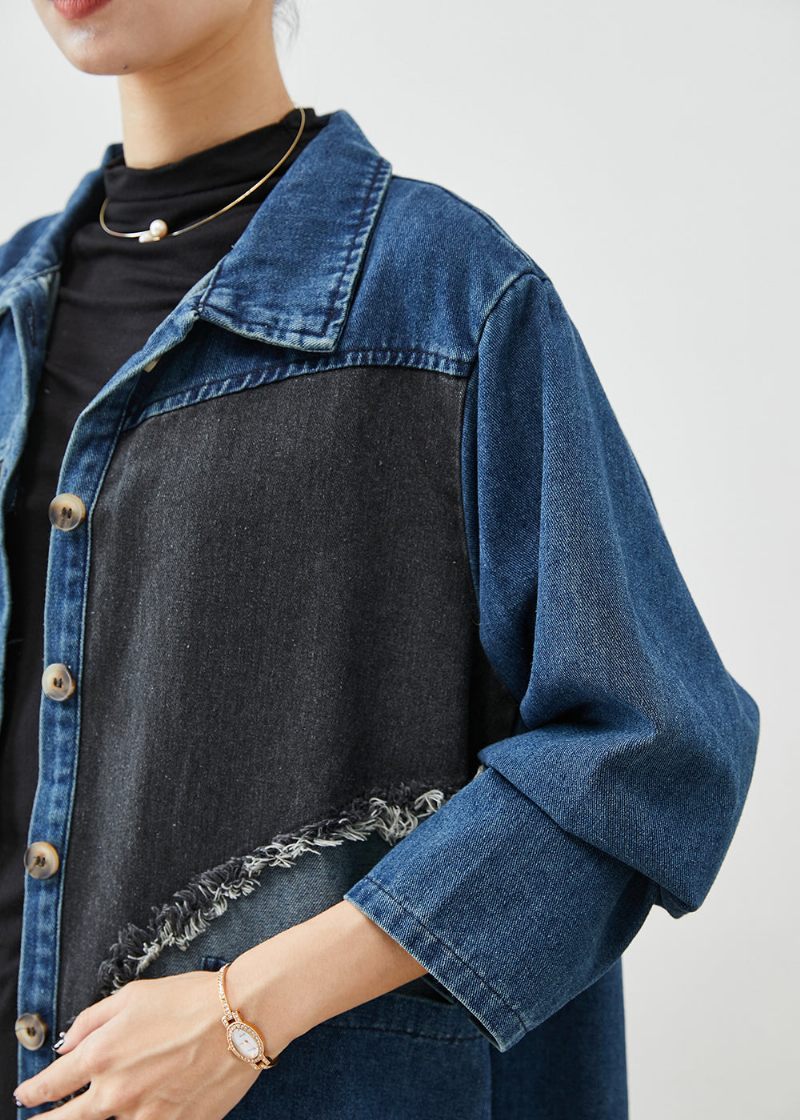 Unika Blå Asymmetrisk Lapptäcke Denim Trenchcoats Höst - Trenchcoats för kvinnor