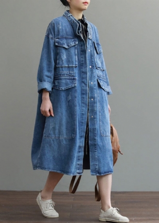 Unika Blå Fickor Knapp Lös Höst Denim Långärmade Kappor Trenchcoats