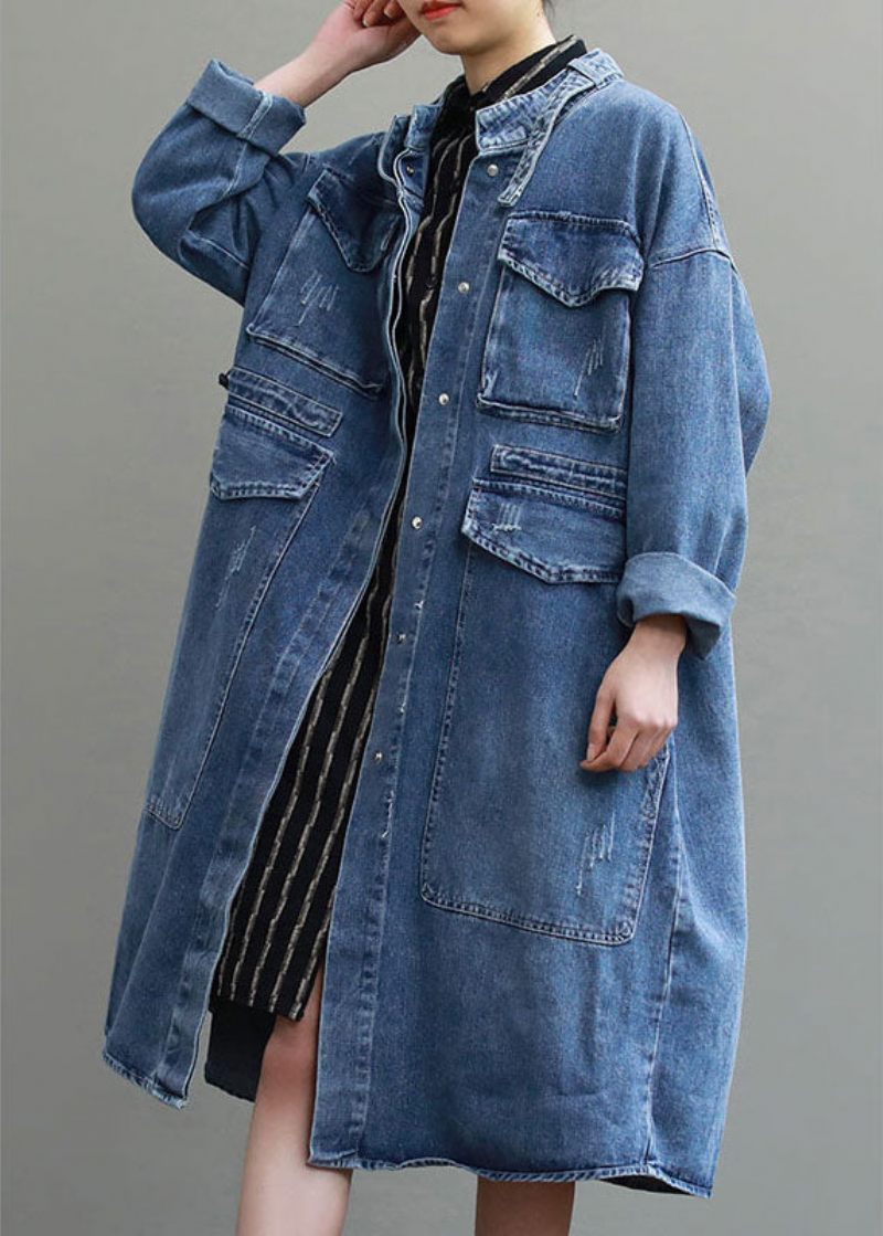 Unika Blå Fickor Knapp Lös Höst Denim Långärmade Kappor Trenchcoats - Vinterkappor för kvinnor