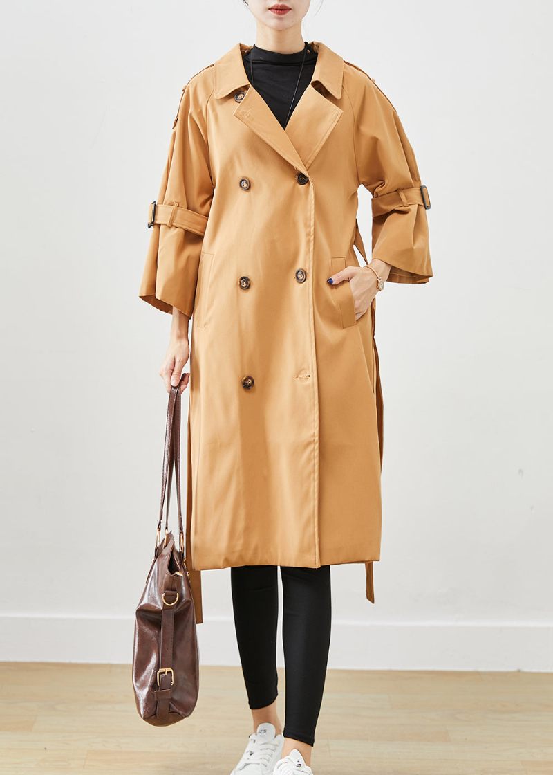 Unika Khaki Notched Double Breast Silm Fit Cotton Trench Coats Höst - Trenchcoats för kvinnor