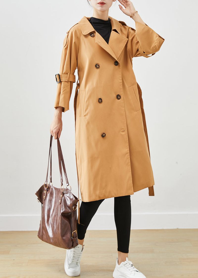 Unika Khaki Notched Double Breast Silm Fit Cotton Trench Coats Höst - Trenchcoats för kvinnor