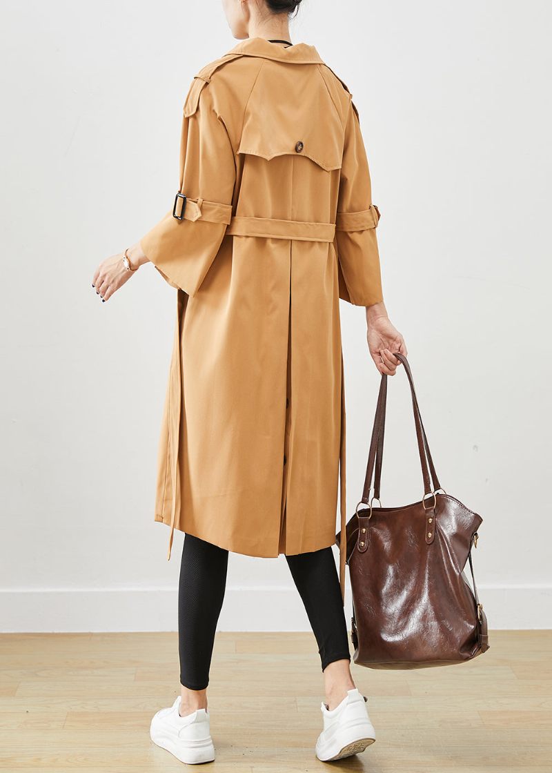 Unika Khaki Notched Double Breast Silm Fit Cotton Trench Coats Höst - Trenchcoats för kvinnor