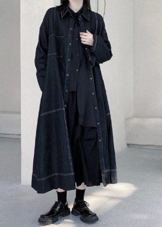 Unika Mörkblå Peter Pan Krage Patchwork Fickor Maxi Denim Trench Coats Långärmad