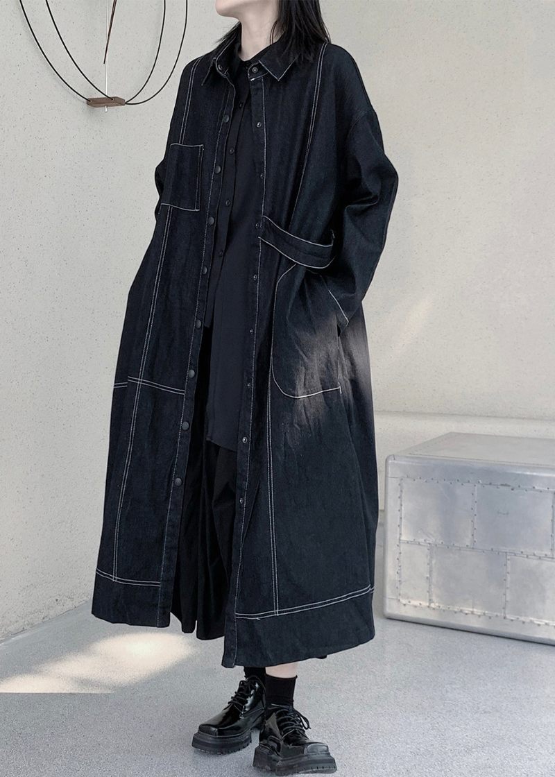 Unika Mörkblå Peter Pan Krage Patchwork Fickor Maxi Denim Trench Coats Långärmad - Trenchcoats för kvinnor