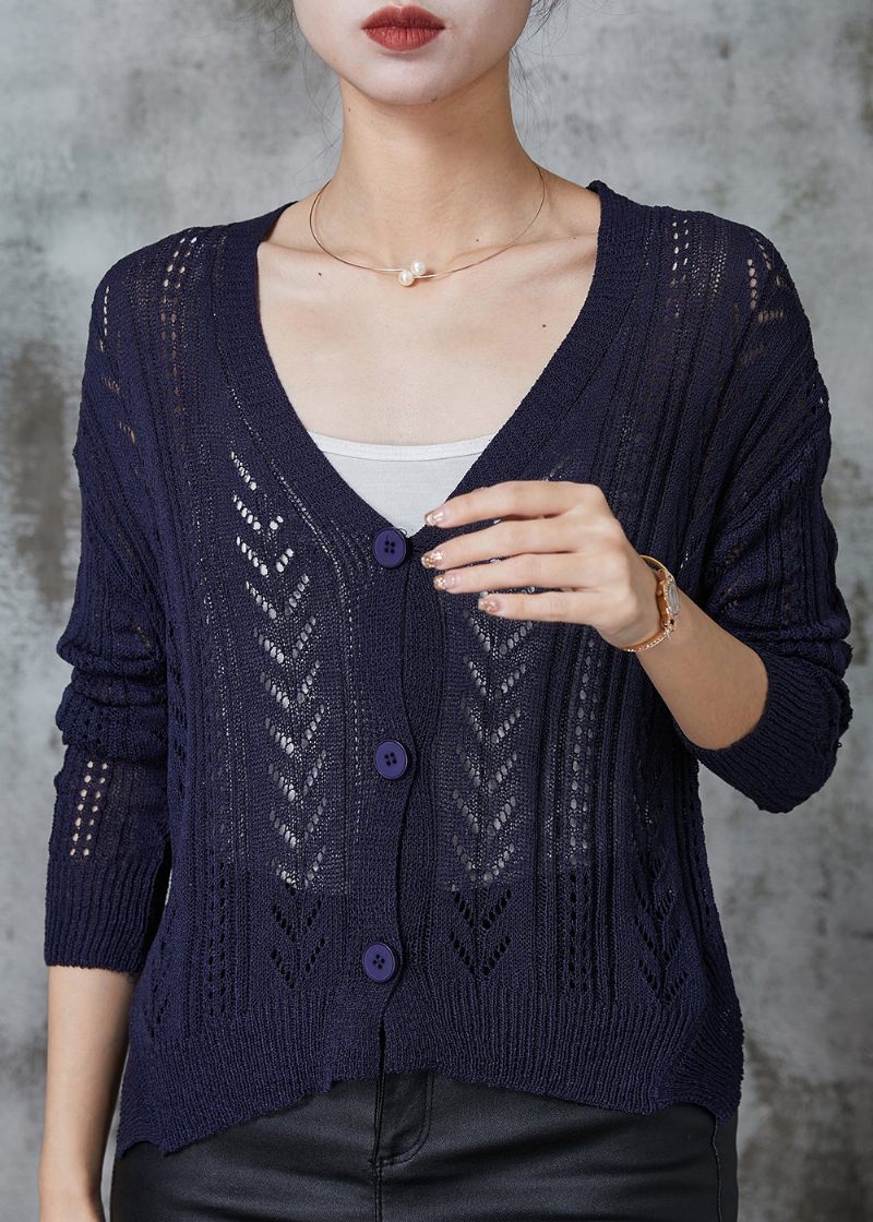 Vacker Navy Button Down Knit Cardigan Spring - Koftor för kvinnor