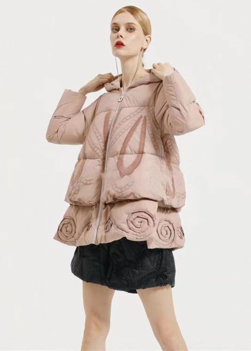 Vacker Rosa Huva Broderi Patchwork Duck Down Coat Winter