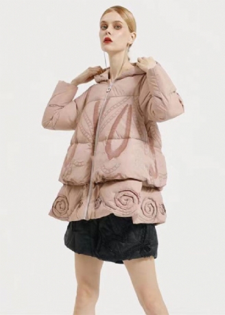 Vacker Rosa Huva Broderi Patchwork Duck Down Coat Winter