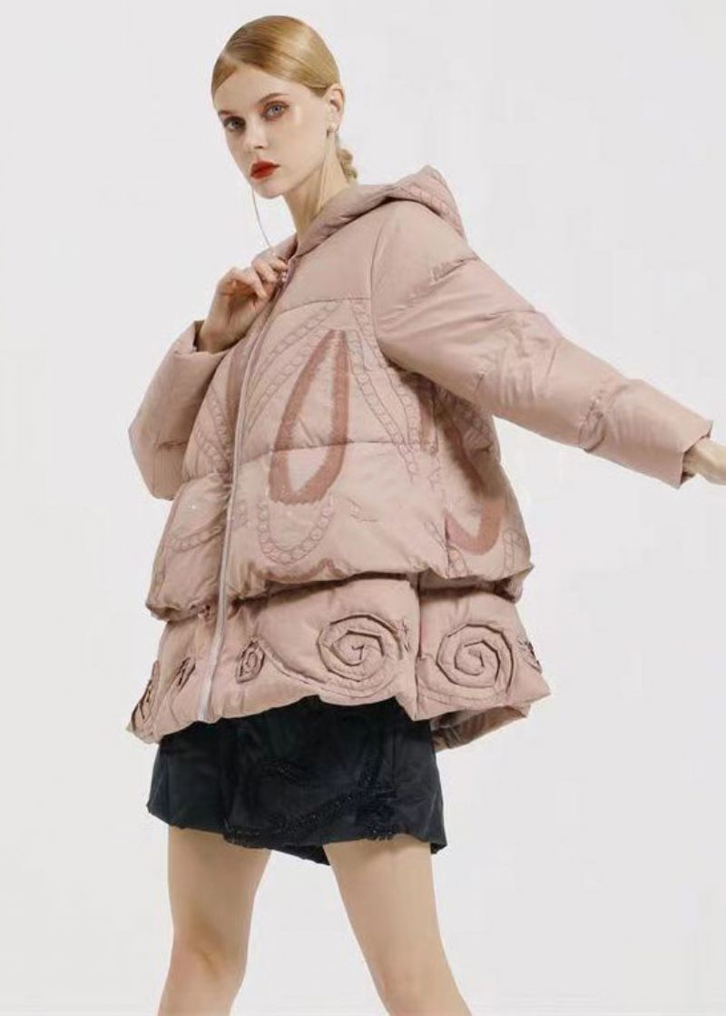 Vacker Rosa Huva Broderi Patchwork Duck Down Coat Winter - Dunjackor för kvinnor