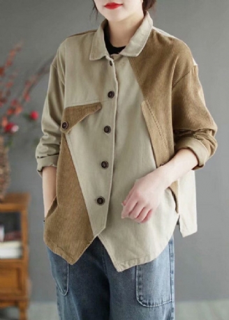 Vackra Beige Peter Pan Krage Patchwork Manchester Coats Långärmad