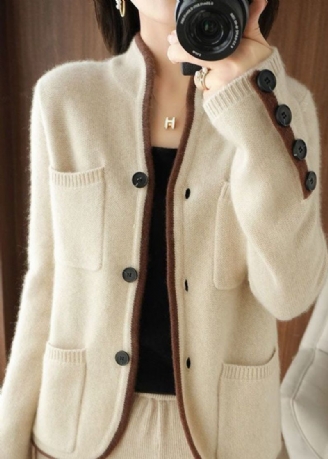 Vackra Beige Stativ Krage Fickor Tjock Stickad Lös Cardigan Vinter