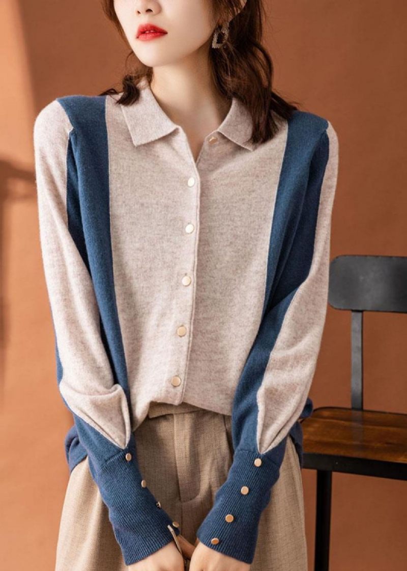 Vackra Colorblock Peter Pan Collar Patchwork Cashmere Cardigans Spring - Koftor för kvinnor