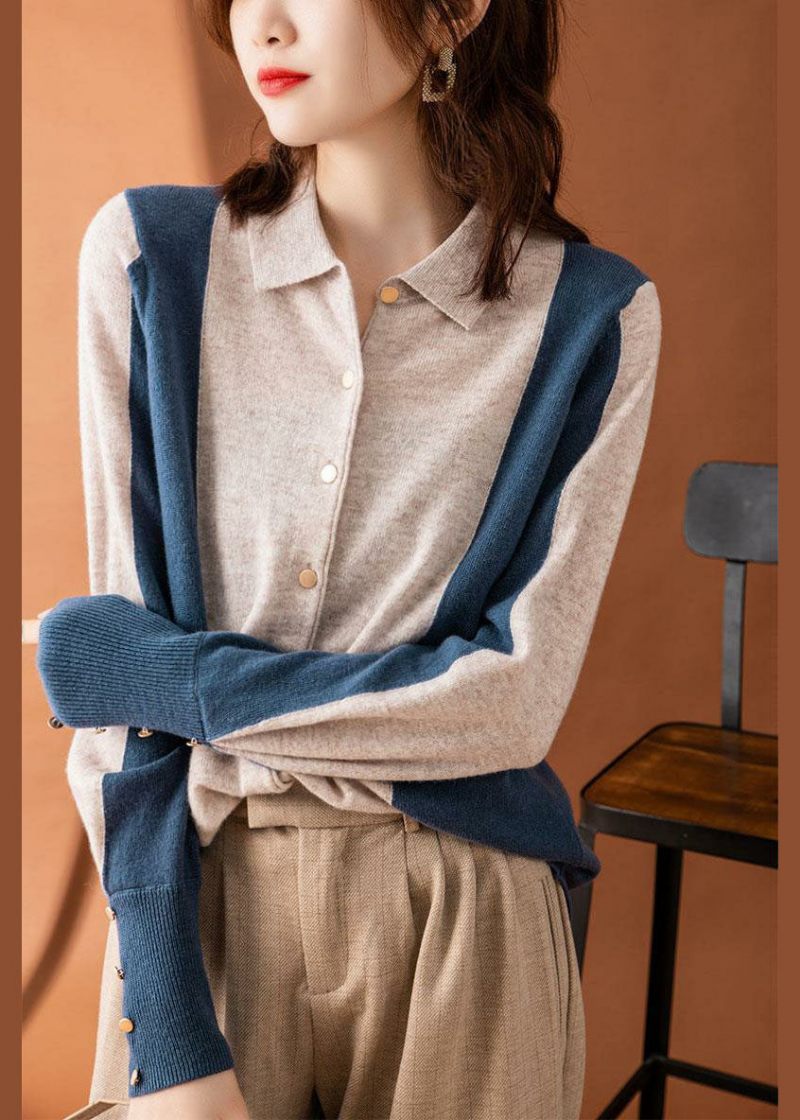 Vackra Colorblock Peter Pan Collar Patchwork Cashmere Cardigans Spring - Koftor för kvinnor