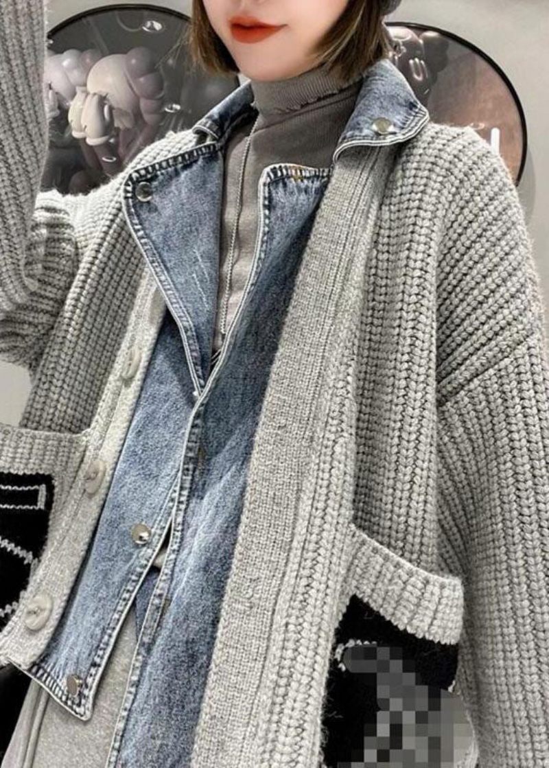 Vackra Grå Denim Patchwork Fickor Button Fall Sweater Coat - Grå