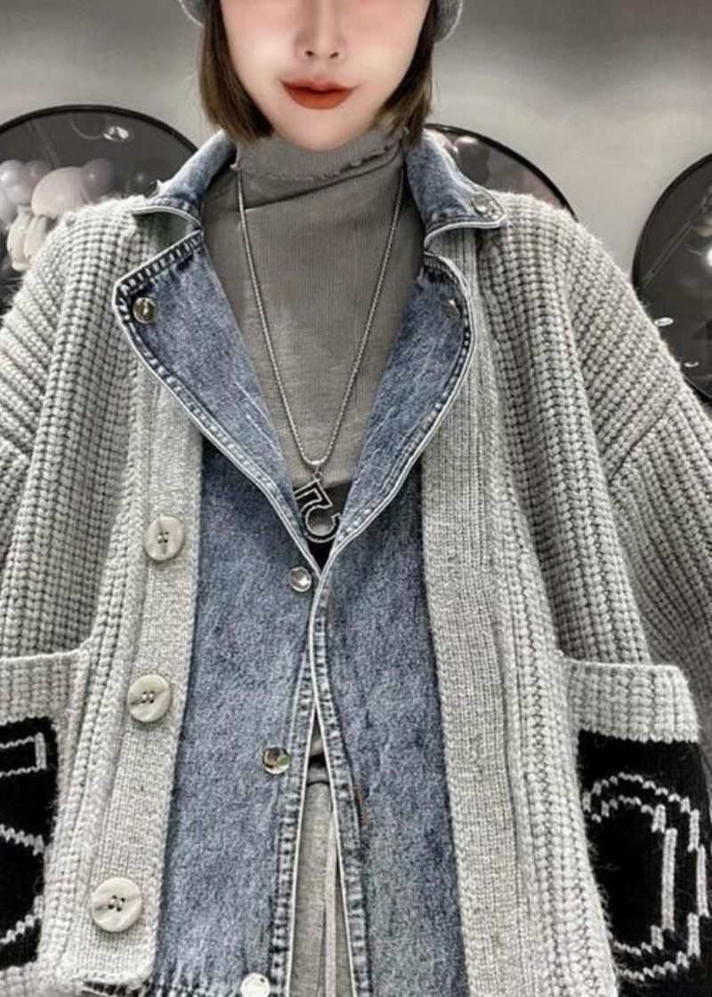 Vackra Grå Denim Patchwork Fickor Button Fall Sweater Coat - Grå