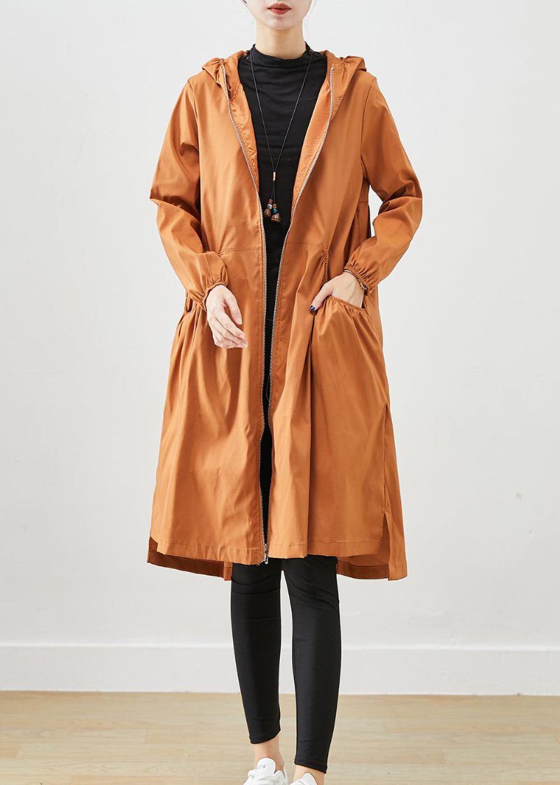 Vackra Khaki Hooded Fickor Cotton Trench Fall - Trenchcoats för kvinnor