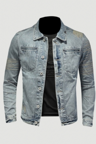 Vårjeansjacka Herr Denimrock Lapel Långärmad Bomber Motorcykel Retro Broderi Smal Streetwear Ytterkläder