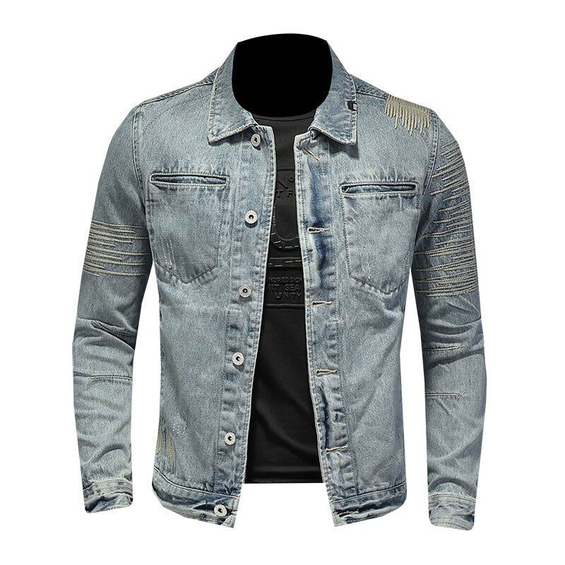 Vårjeansjacka Herr Denimrock Lapel Långärmad Bomber Motorcykel Retro Broderi Smal Streetwear Ytterkläder - Himmelsblå