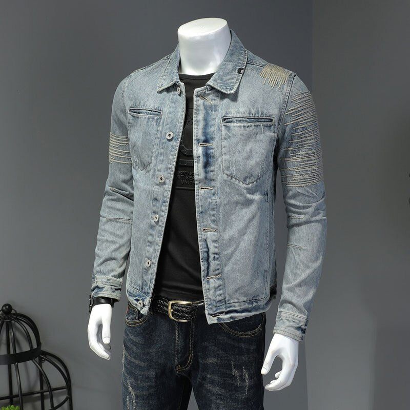 Vårjeansjacka Herr Denimrock Lapel Långärmad Bomber Motorcykel Retro Broderi Smal Streetwear Ytterkläder - Himmelsblå